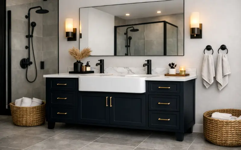 dark and bold vanity cabinet