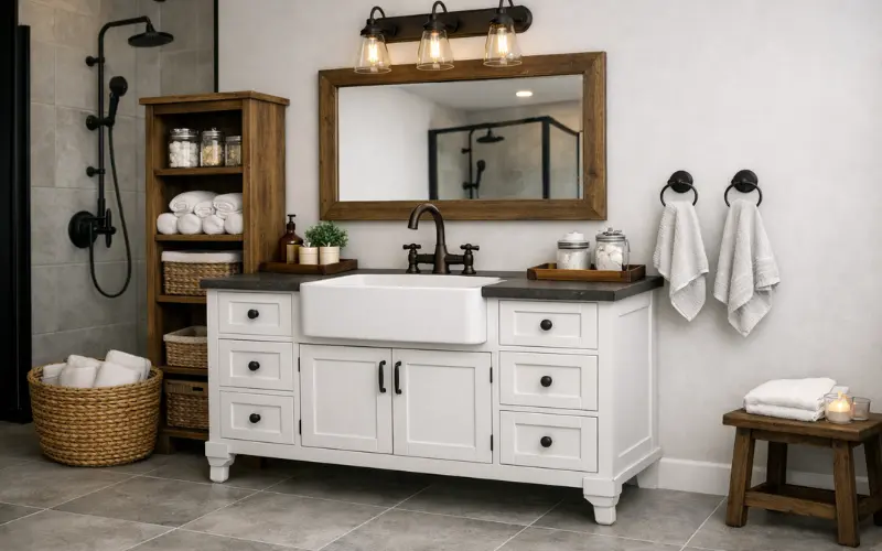 farmhouse vanity with apron front sink