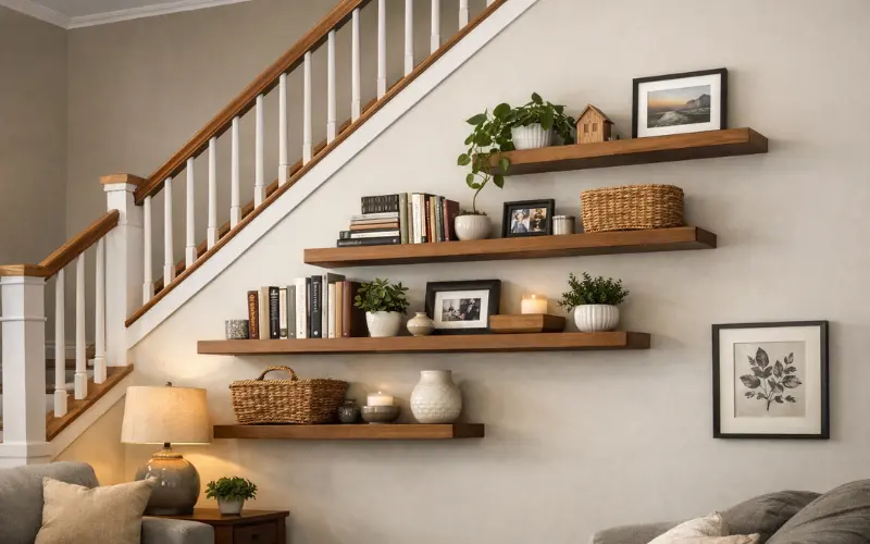 floating shelves along the side wall