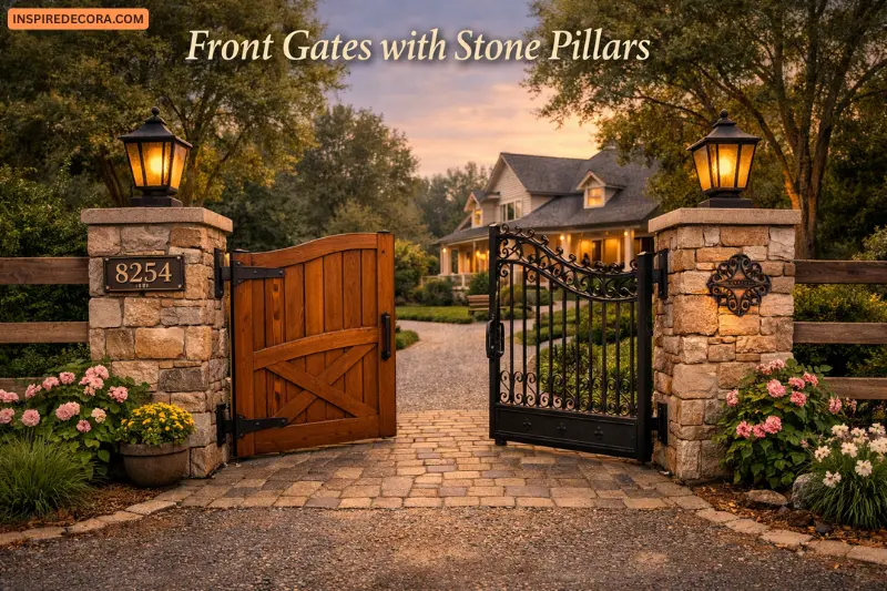 front gates with stone pillars