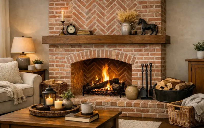 herringbone or patterned bricks fireplace