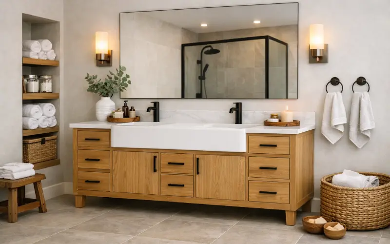 natural wood vanity for a spa feel