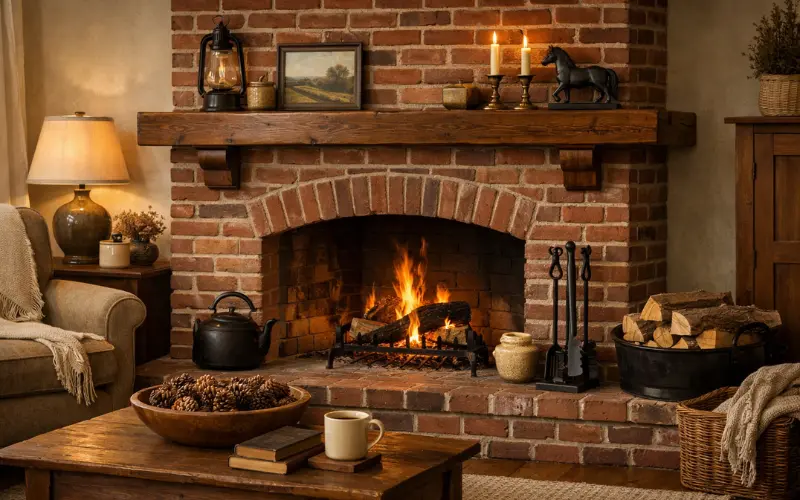 classic red brick fireplace