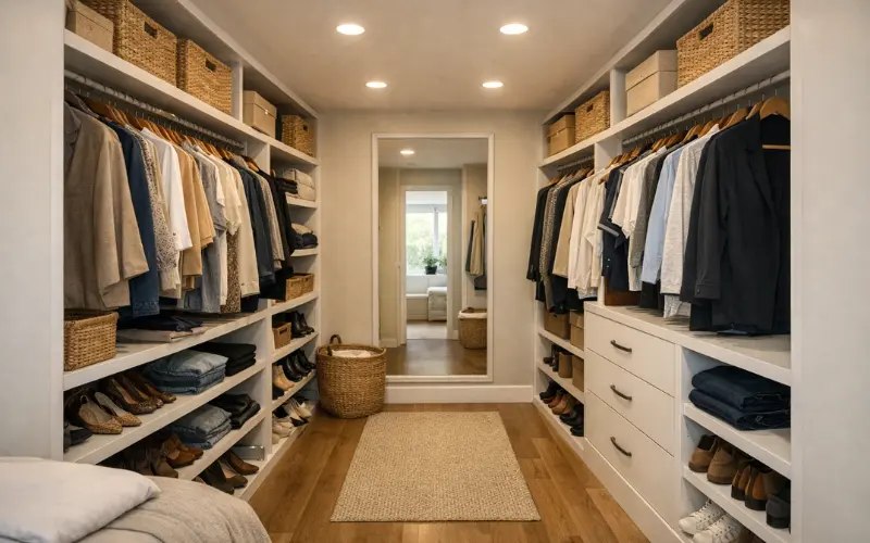 double-sided layout walk in wardrobe