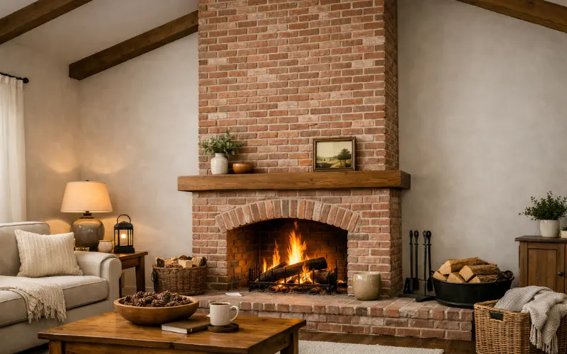 floor-to-ceiling bricks fireplace