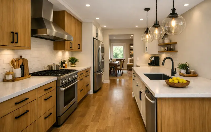 galley layout open plan kitchen