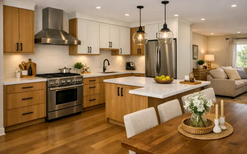 l-shaped layout open plan kitchen