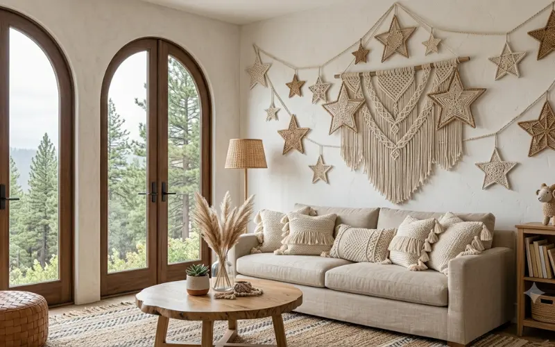 macrame and woven stars wall decor