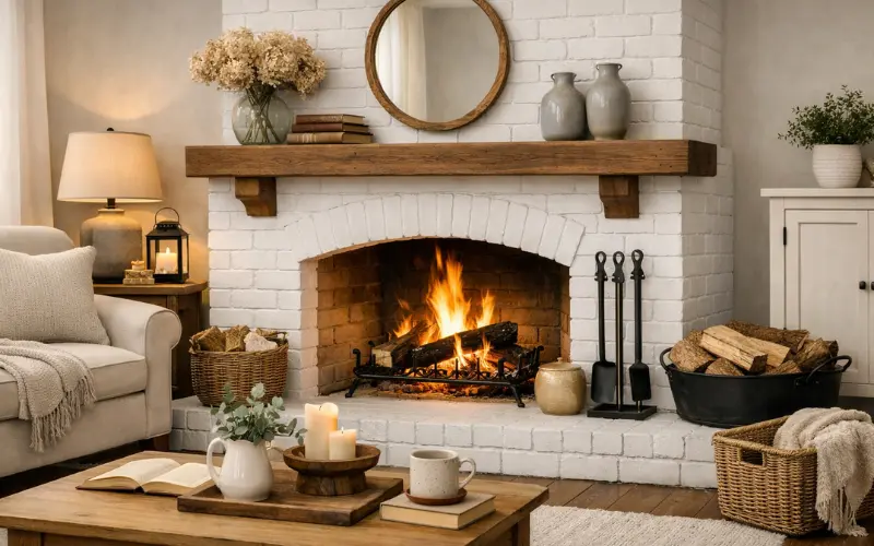 painted white brick fireplace