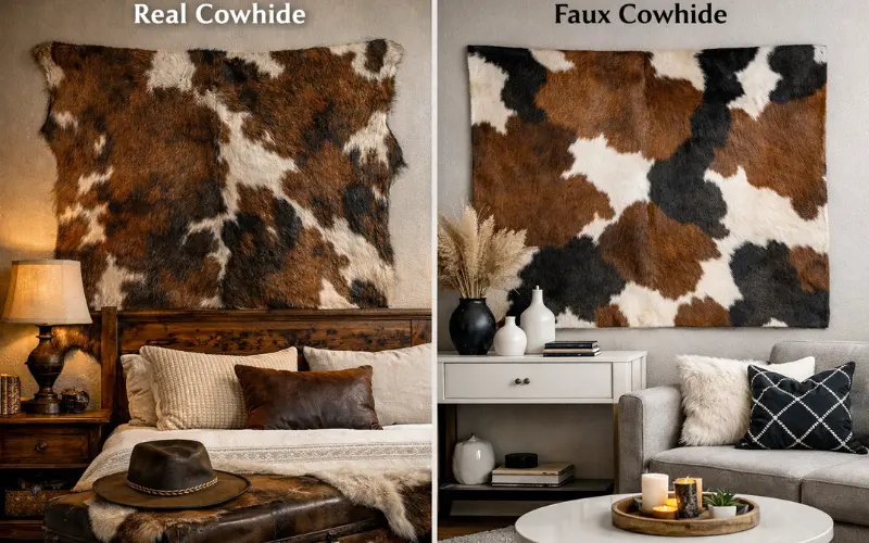 real vs faux cowhide for wall decor
