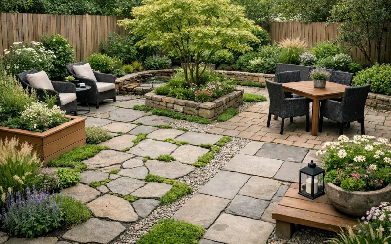 softening a paved garden with planting