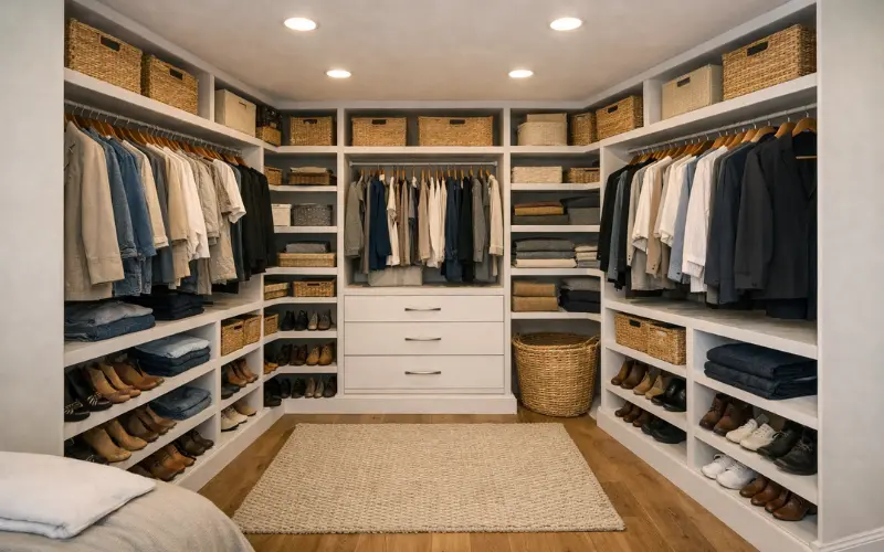 u-shaped or wraparound layout walk in wardrobe
