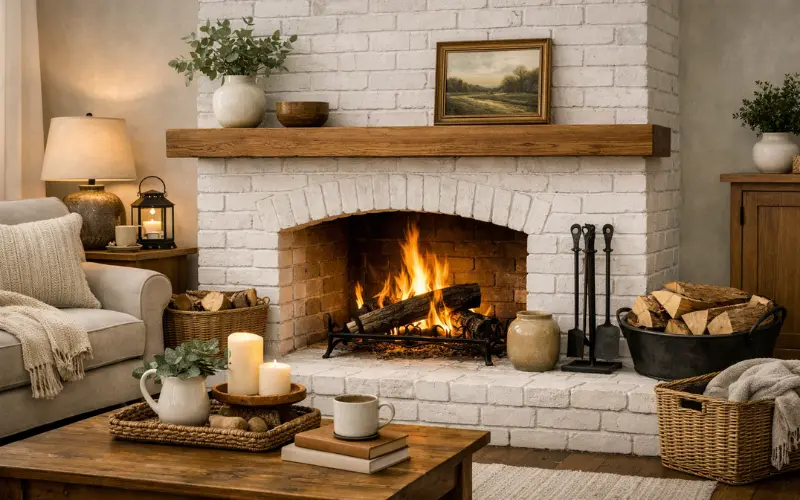 whitewashed brick fireplace with a floating mantel