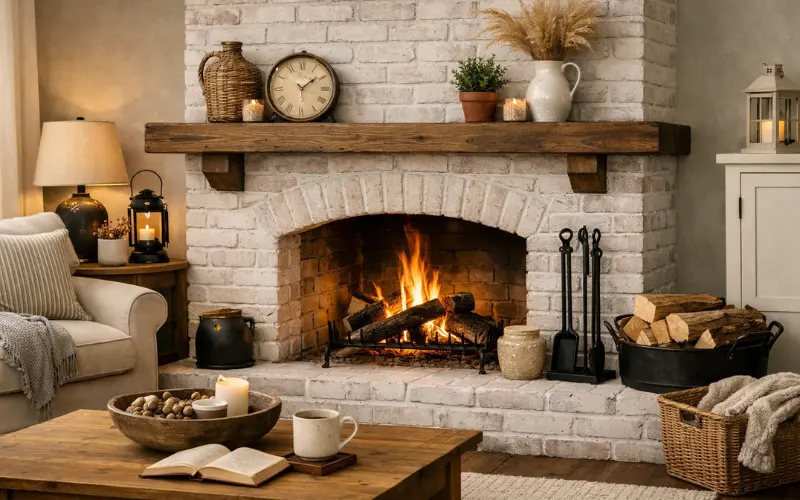 whitewashed or painted brick fireplace