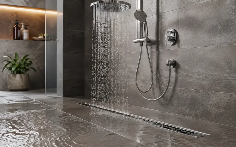 check drain capacity against your shower output