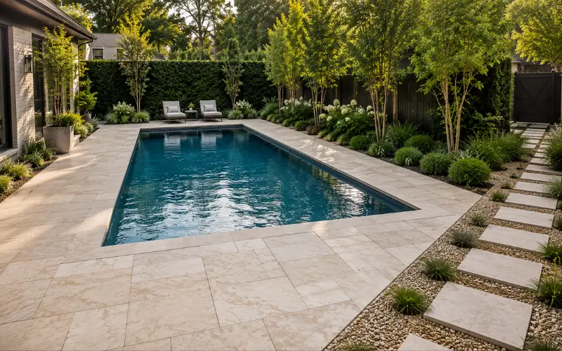 hardscaping that frames the rectangle instead of fighting it