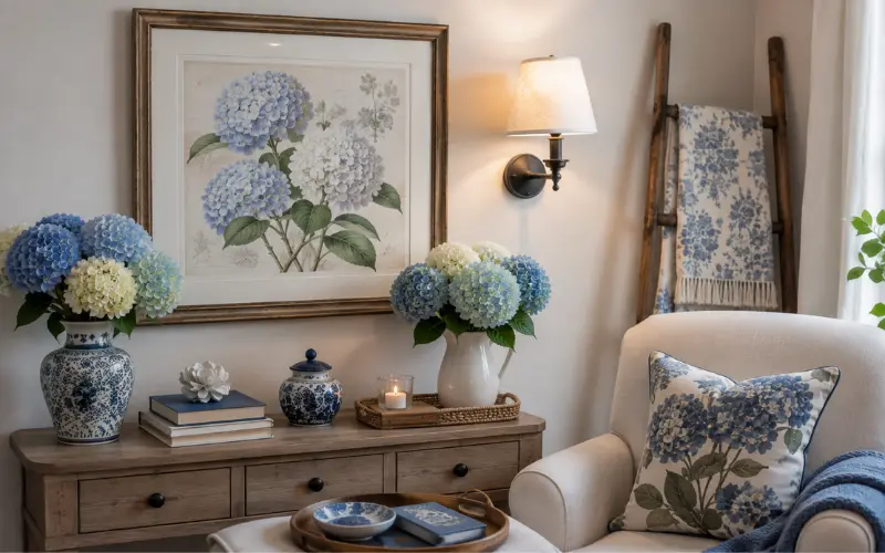 hydrangea print and themed home decor for year-round color