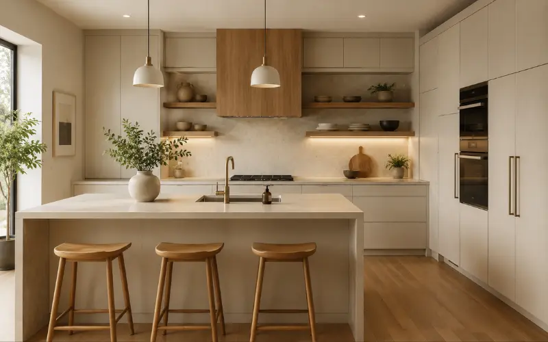 warm minimalism is replacing sterile all-white kitchens