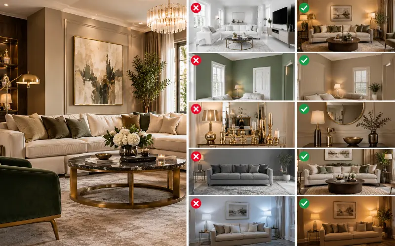 colors that look expensive and mistakes that cheapen a glam living room