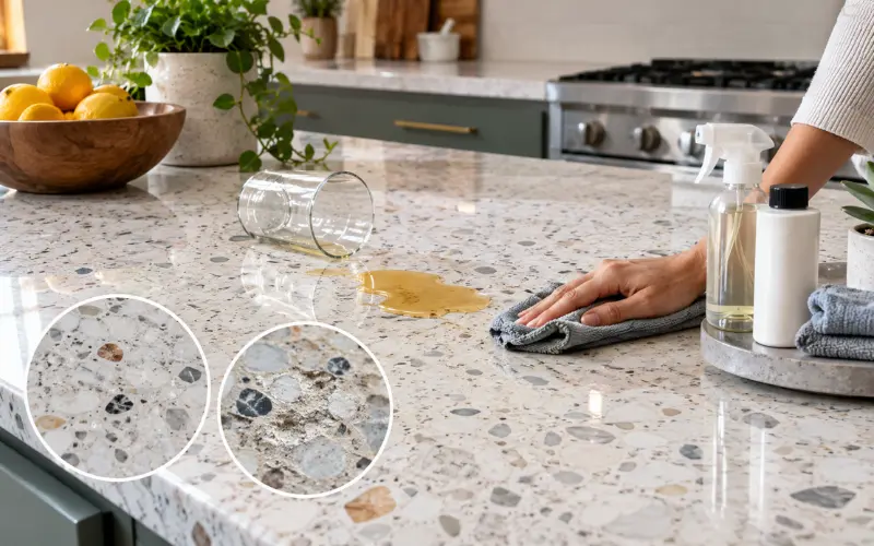 terrazzo benchtops protecting marble chips & cement binders